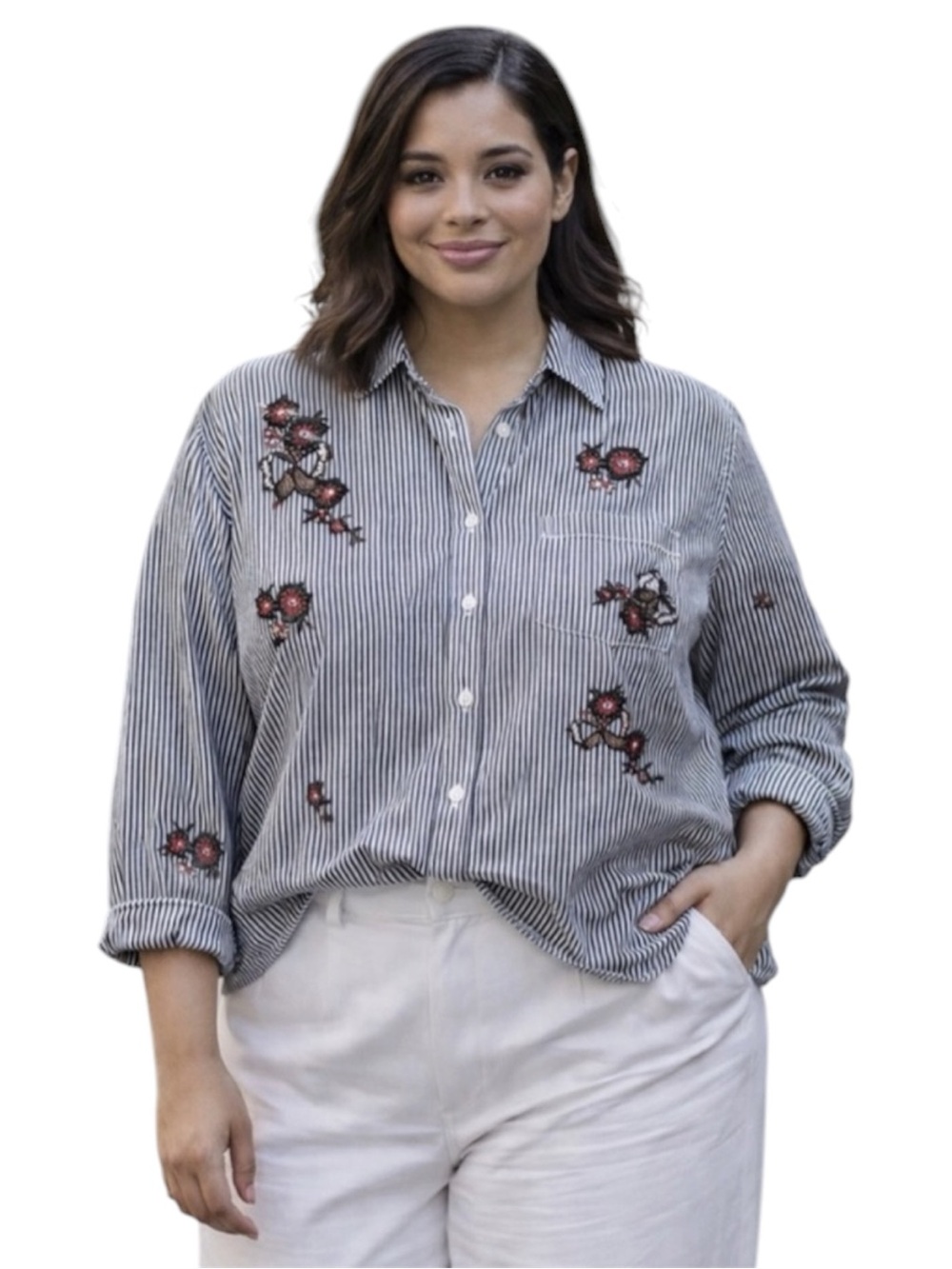 Draper’s & Damon’s Embellished Butterfly Stripe Shirt Blue White | Size 3X